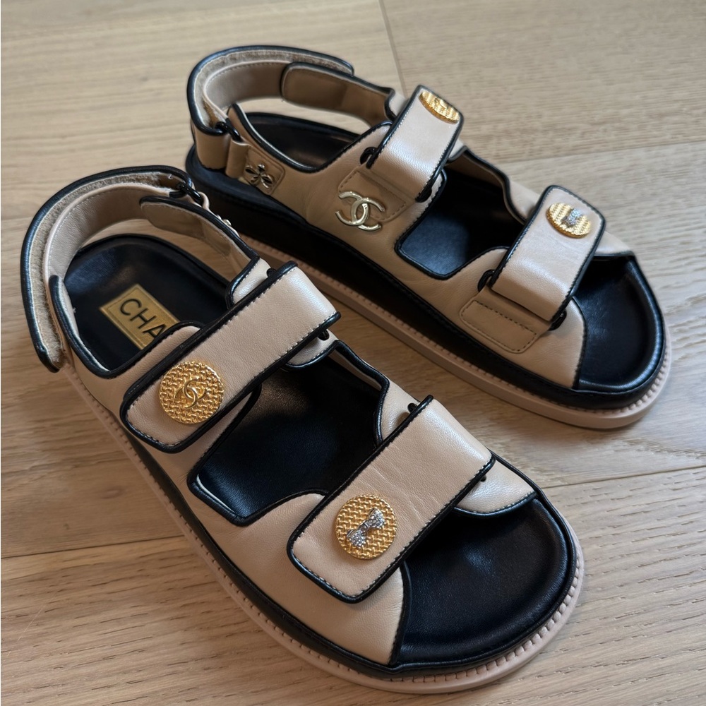 CHANEL Beige and Black Sandals with Gold Details